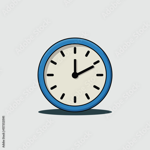 Simple cartoon clock with blue frame showing approximately one oclock on a light gray background