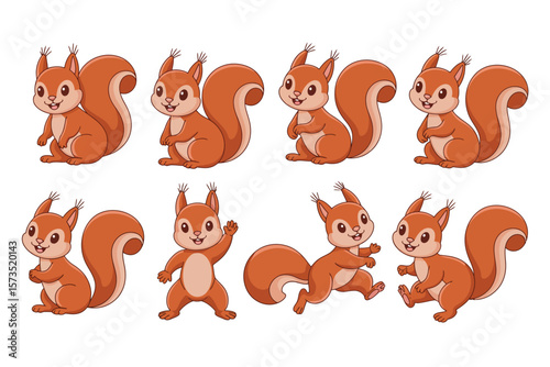 Cute cartoon squirrels in various poses and actions on a white background