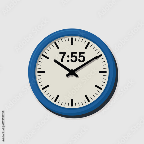 A blue framed analog clock shows the time 7 55 on a light gray background
