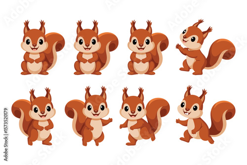 Cute cartoon squirrels in various poses and expressions on a white background