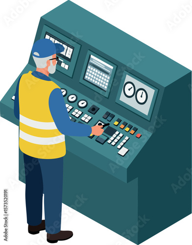 Operator controlling machinery in industrial setting with safety vest and helmet