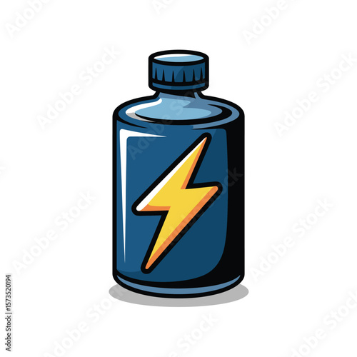Blue bottle with yellow lightning bolt symbol for energy and power