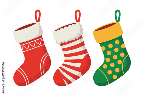 Three festive christmas stockings hanging isolated on a white background