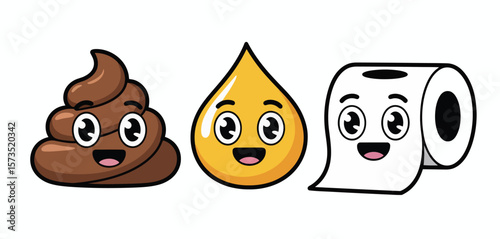 Cute cartoon poop pee and toilet paper characters with happy faces