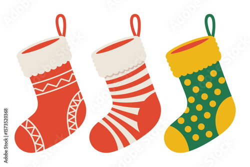 Three colorful christmas stockings with festive patterns and white trim