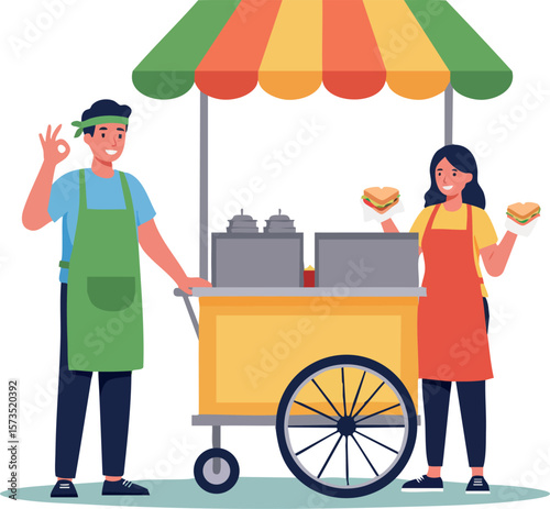 Food vendors serving delicious snacks at a vibrant street cart with colorful awning