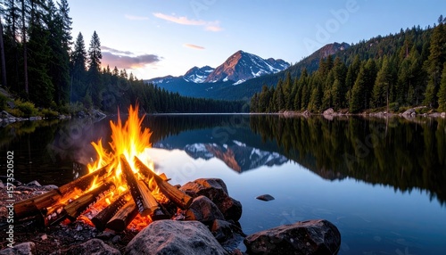 Fototapeta Naklejka Na Ścianę i Meble -  Campfire by a serene lake at sunset