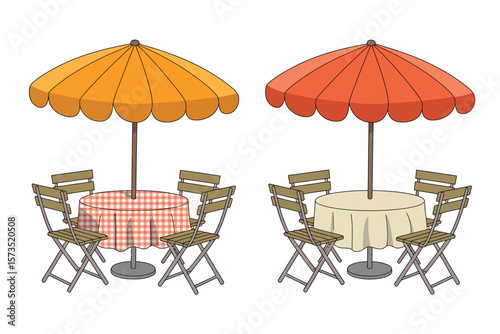 Two outdoor cafe tables with chairs and umbrellas on a white background