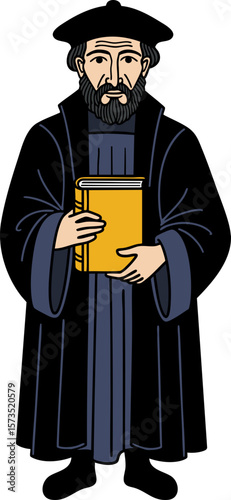 Wise Philosopher & Scholar Illustration: Vintage Academic Figure Holding Book – Perfect for Education, History & Knowledge Concepts