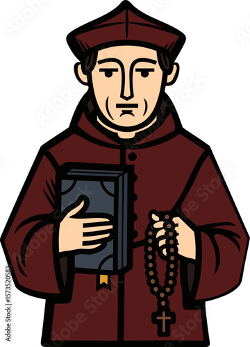 Cleric Illustration: Medieval Monk with Rosary & Book - Faith, History & Spirituality Vector Art