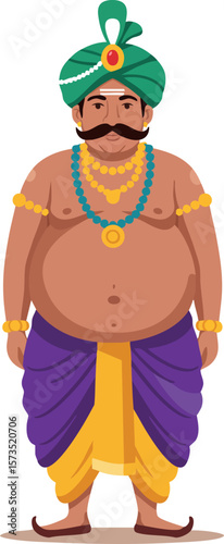 Traditional Indian Maharaja Wearing Turban and Jewelry with Purple and Yellow Dhoti Vector Illustration