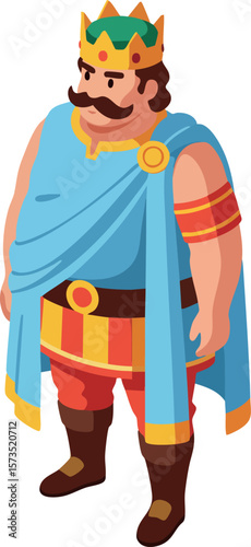 King character in ancient royal costume with crown and blue cape vector illustration for story or game design