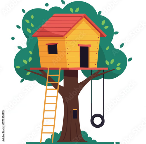 Tree house with red roof and tire swing surrounded by green leaves in simple vector style illustration