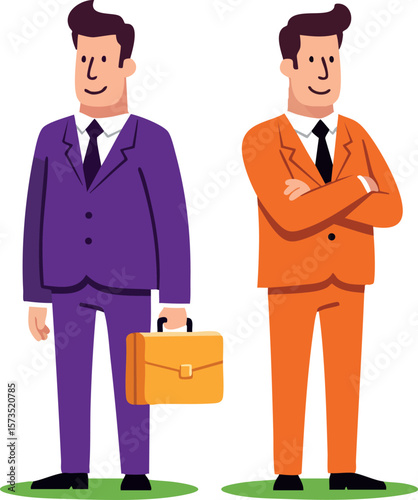 Two business men in colorful suits standing confidently with briefcase and crossed arms vector illustration