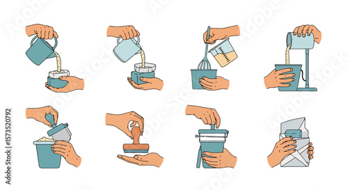 Hands demonstrating food and drink preparation and packaging. Pouring, mixing, scooping, pressing, and sealing processes illustrated.