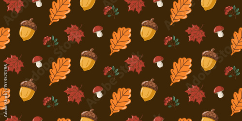 Seamless fall pattern with acorns, mushrooms, oak leaves and rowan berries. Autumn digitalpaper. Cartoon vector background. 