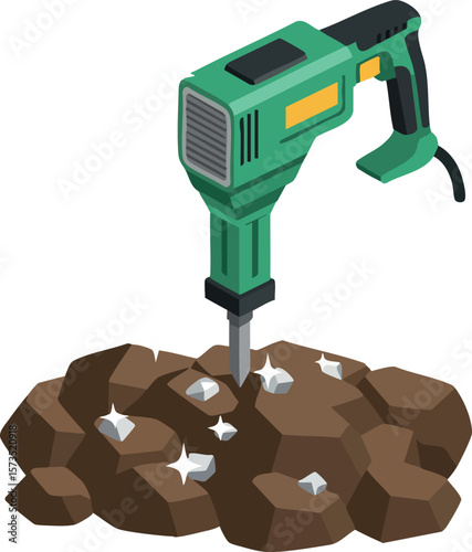 Electric drill hammer breaking rocks construction tool for heavy duty tasks in mining and building works vector illustration