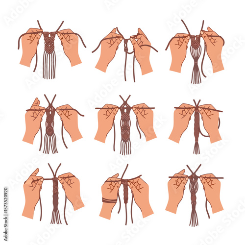 DIY Macrame Knotting Tutorial. Step-by-step guide with hands demonstrating decorative rope weaving and craft techniques.