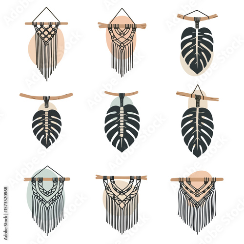 Bohemian Macrame Wall Hangings and Monstera Leaf Art Set. Handcrafted Home Decor Illustrations.