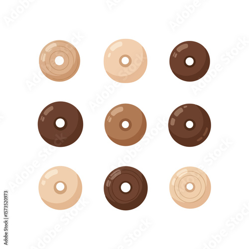 Brown and Beige Circular Design Elements with Holes. Flat Icons of Wooden Beads or Buttons Set.