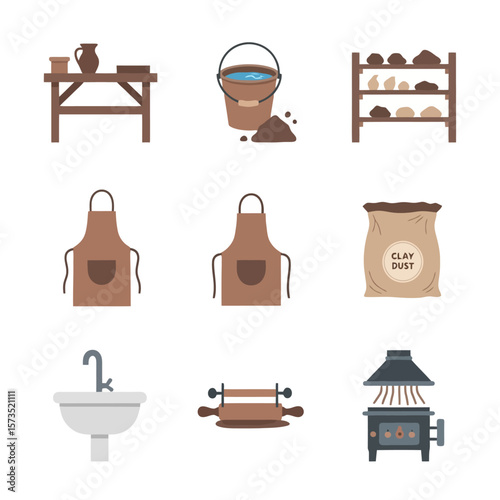 Pottery Workshop Tools and Equipment Set. Ceramic Craft Supplies Icons for Clay Art Studio