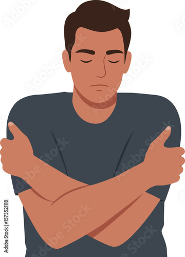 Man hugging himself in self comfort and self care gesture vector illustration 