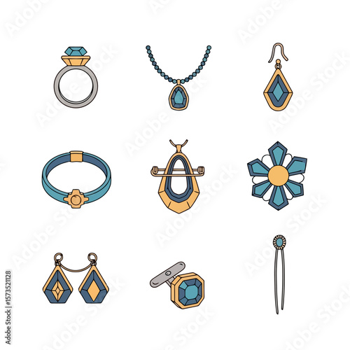 Elegant Jewelry Accessories Flat Vector Icons Set. Collection of Rings, Necklaces, Earrings, Bracelets, Brooches, and Hairpins.