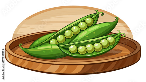 Soft organic peas in open pods, lined like pearls in green velvet shells, sit on a wooden plate, combining simplicity and color in a gentle scene for wholesome vegetable artwork.