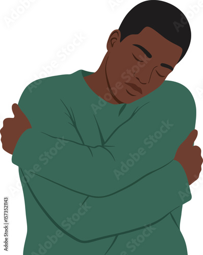 Man hugging himself in green sweater expressing self-care and self-love in vector illustration 