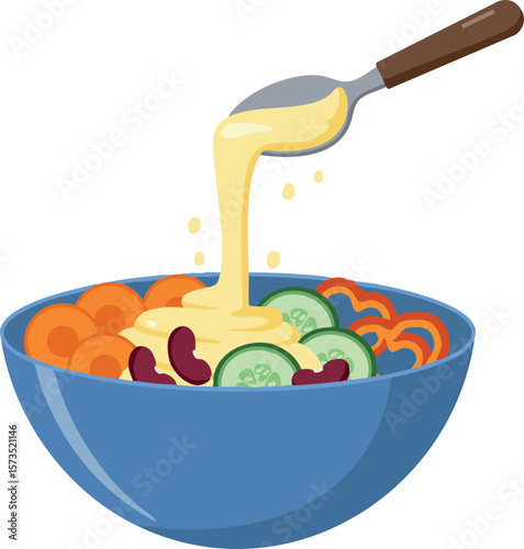 Healthy vegetable salad with creamy dressing pouring from spoon in blue bowl fresh food concept