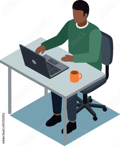 Man working on laptop at office desk with coffee cup in isometric style vector illustration