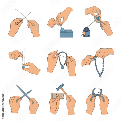 Jewelry Making Process: Handcrafted Accessories Creation Steps with Artisan Tools and Materials Illustrations