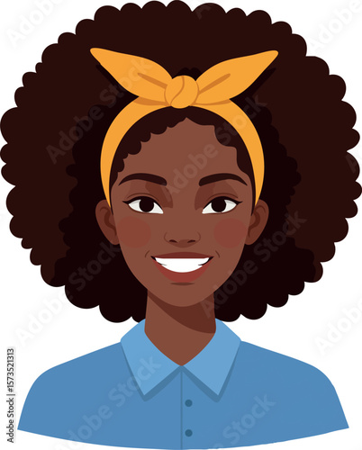 Afro woman with afro hairstyle smiling wearing yellow headband and blue shirt vector portrait illustration