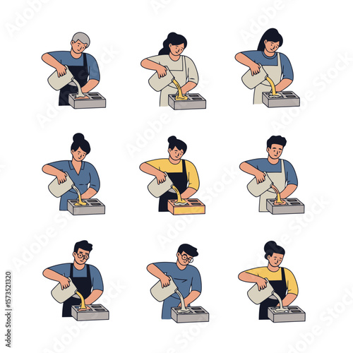 Set of diverse people in aprons pouring liquid into molds, illustrating a crafting, cooking, or production process. Vector.