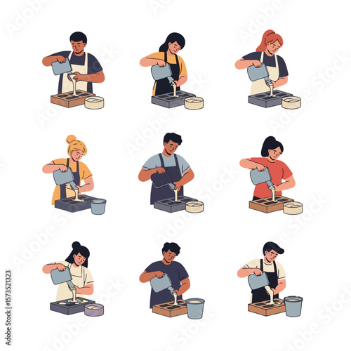 Diverse People Pouring Liquid for Handmade Crafts. Creative Hobby, DIY Art, Candle or Soap Making Process Illustration.
