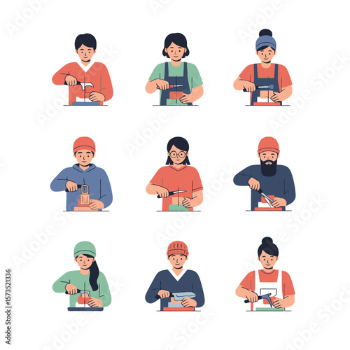 DIY and Crafting Activities: Diverse People Engaged in Handiwork with Tools - Flat Vector Illustration Set