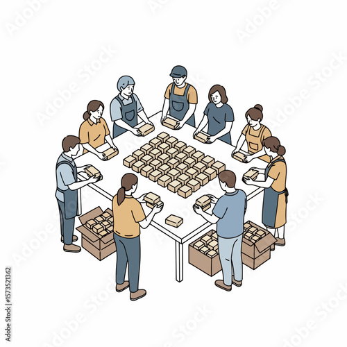 Team packaging food items on an assembly line table. Isometric illustration of collaborative production and efficiency.