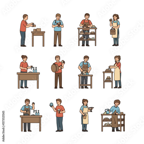 Pottery and Ceramics Crafting Process: Cartoon Artisans Making Clay Pots in Workshop Set