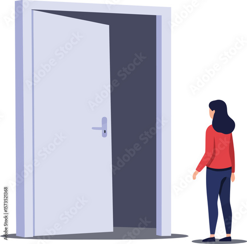 Woman standing in front of open door exploring new opportunities with minimalist design and purple tones vector illustration 