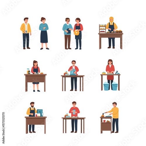 Diverse people engaged in creative crafting and workshop activities. Handmade production, hobbies, small business, and art projects.