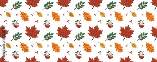 Seamless autumn pattern with maple leaves, rowan berries and fall foliage. Cartoon vector background. 