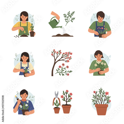 Gardening and Plant Care Activities Illustration Set: People planting, watering, growing, and cultivating flowers and plants.