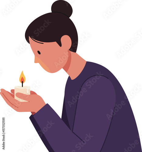 Woman holding a small lit candle in hands with dark hair and purple clothing vector illustration 