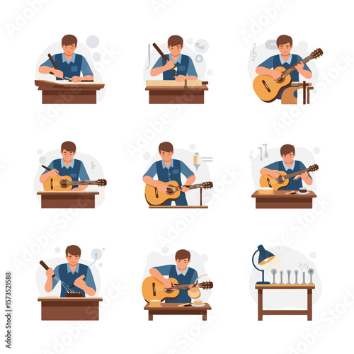 Luthier Crafting and Repairing Acoustic Guitars: Detailed Process Illustrations