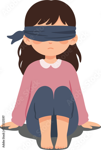 Girl sitting barefoot with blindfold on eyes in meditative pose calm and peaceful vector illustration 