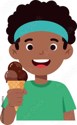 Boy with afro hairstyle holding chocolate ice cream cone smiling happily in green shirt and blue headband vector illustration