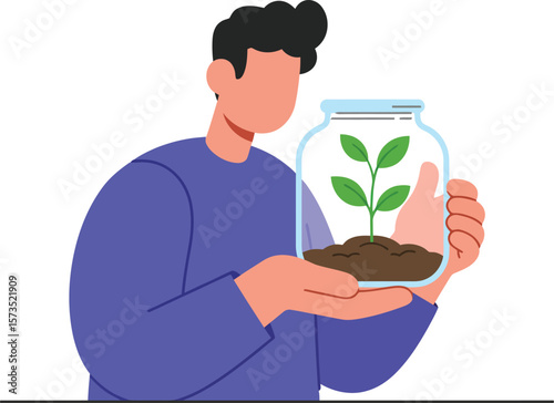 Man holding glass jar with plant growing inside nurturing green environment illustration vector 