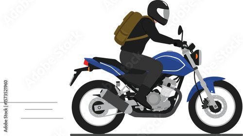 Motorcyclist riding blue motorcycle with backpack in motion vector illustration on white background 