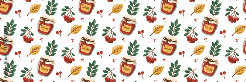 Seamless autumn pattern with homemade berry jam jars and leaves. Fall digitalpaper design. Cartoon vector background.