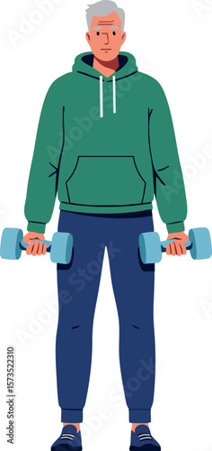 Older man exercising with dumbbells in casual sportswear fitness lifestyle vector illustration
